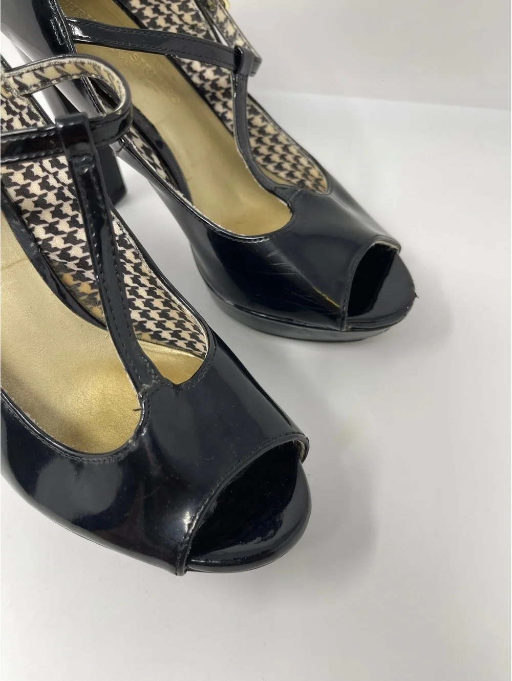Christian Siriano Black Patent T-Strap Peep Toe Platform High Heels Pumps 6.5